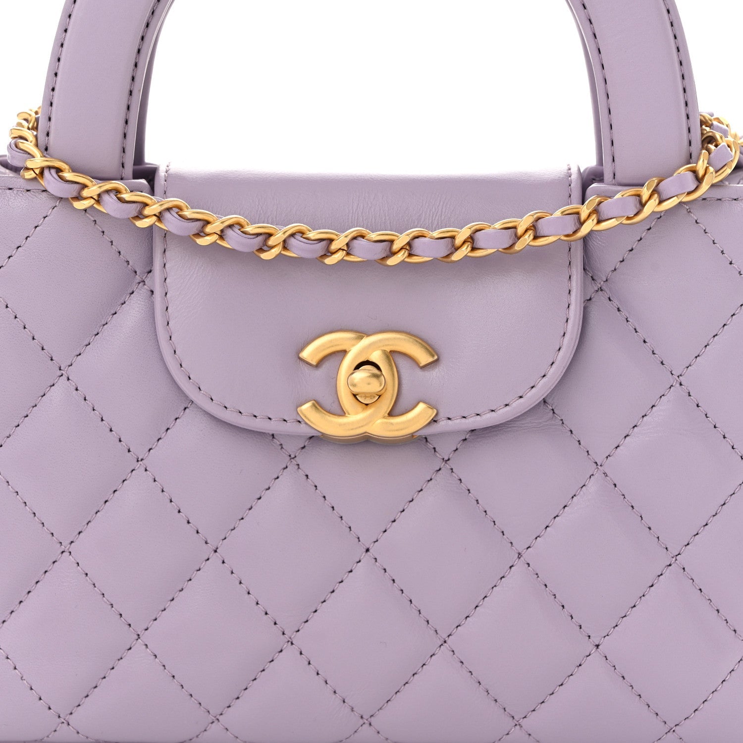 Shiny Aged Calfskin Quilted Nano Kelly Shopper Lilac