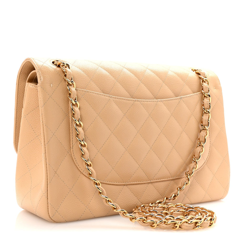 Caviar Quilted Jumbo Double Flap Beige