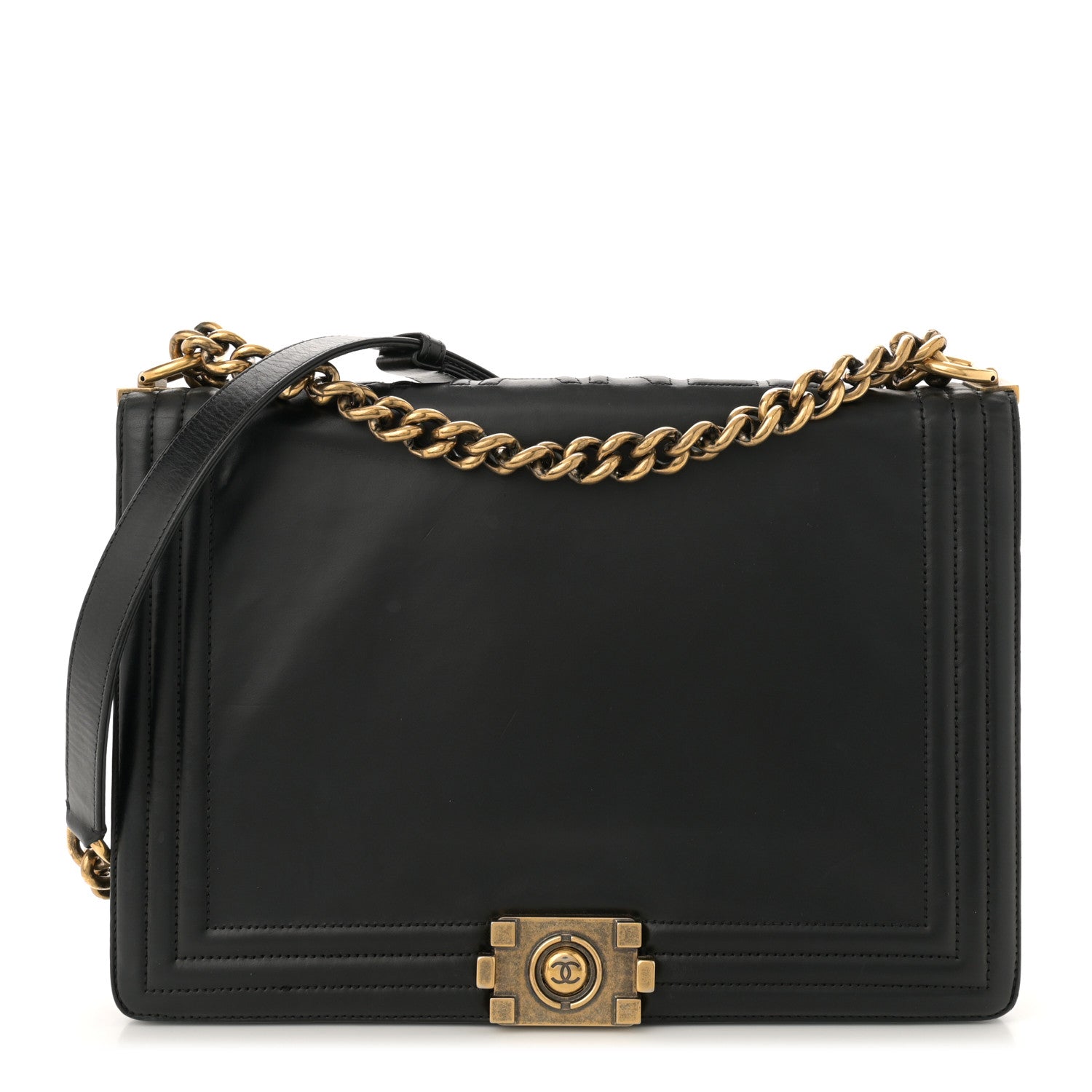 Glazed Calfskin Large Boy Flap Black