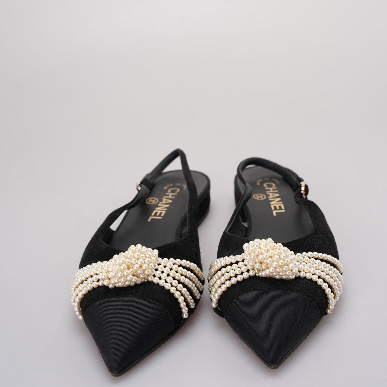 Chanel Slingback Satin Pearl Flats Black Size 37.5