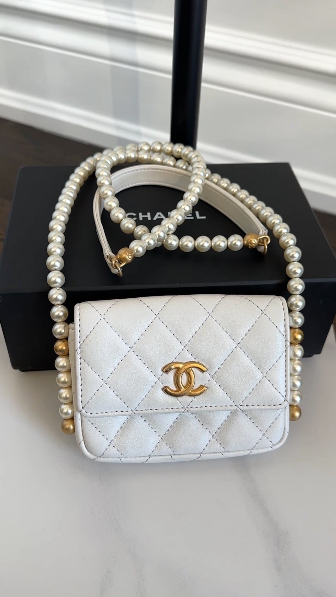 Chanel Ivory White About Pearls Mini  Holder on Strap