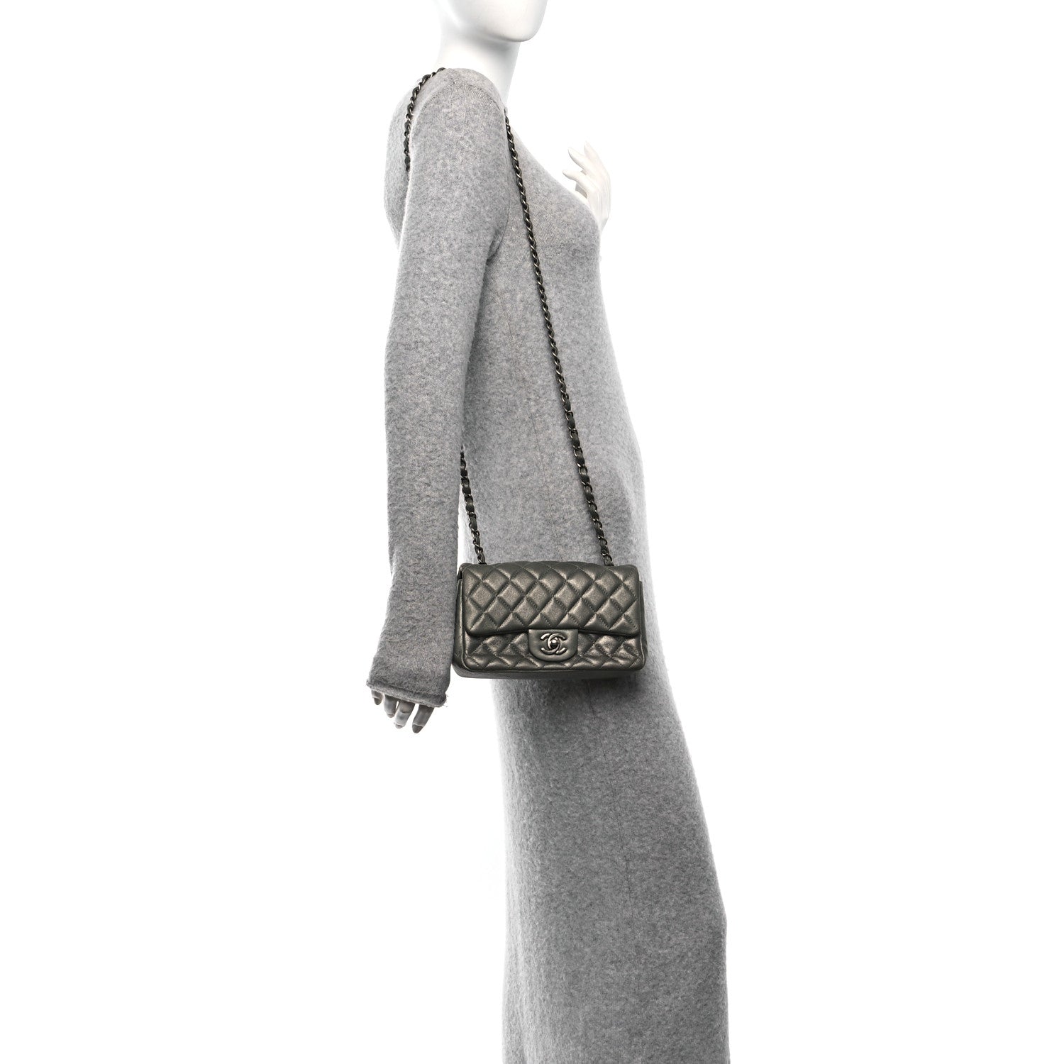 Iridescent Lambskin Quilted Mini Rectangular Flap Khaki