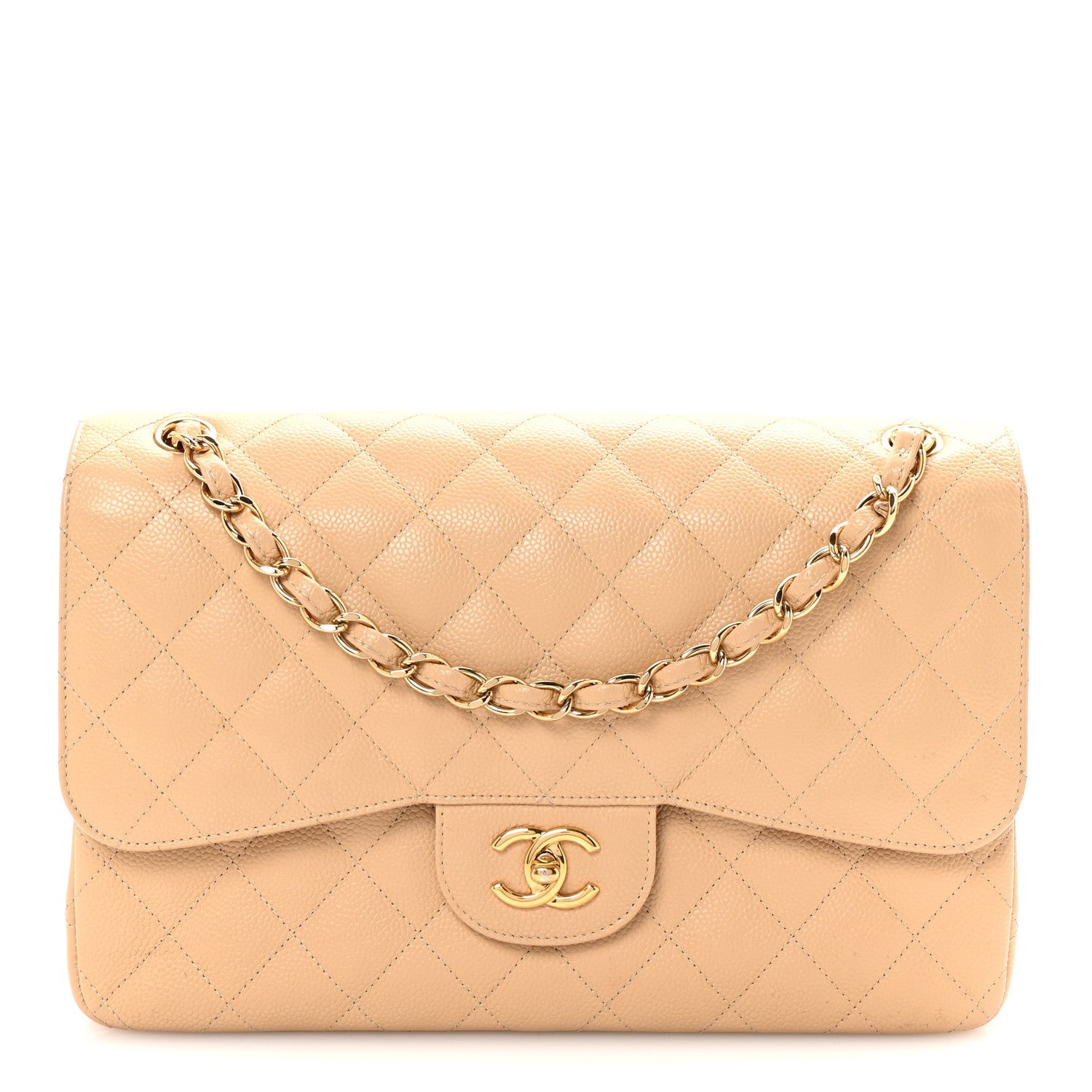 Caviar Quilted Jumbo Double Flap Beige
