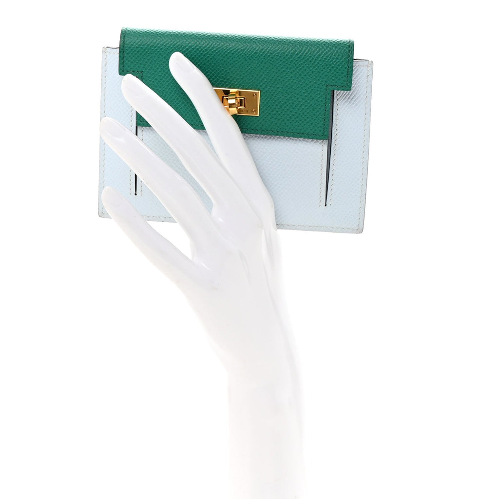 Epsom Tricolor Kelly Pocket Compact Wallet Vert Jade Bleu Brume Vert Bosphore