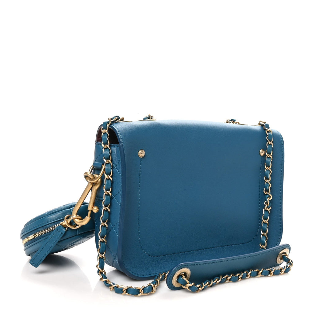 Calfskin Quilted Multi Pouching Flap And Coin Purse Blue