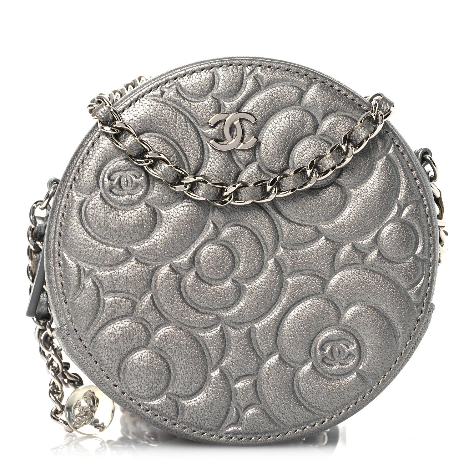 Goatskin Camellia Embossed Round Clutch With Chain Grey