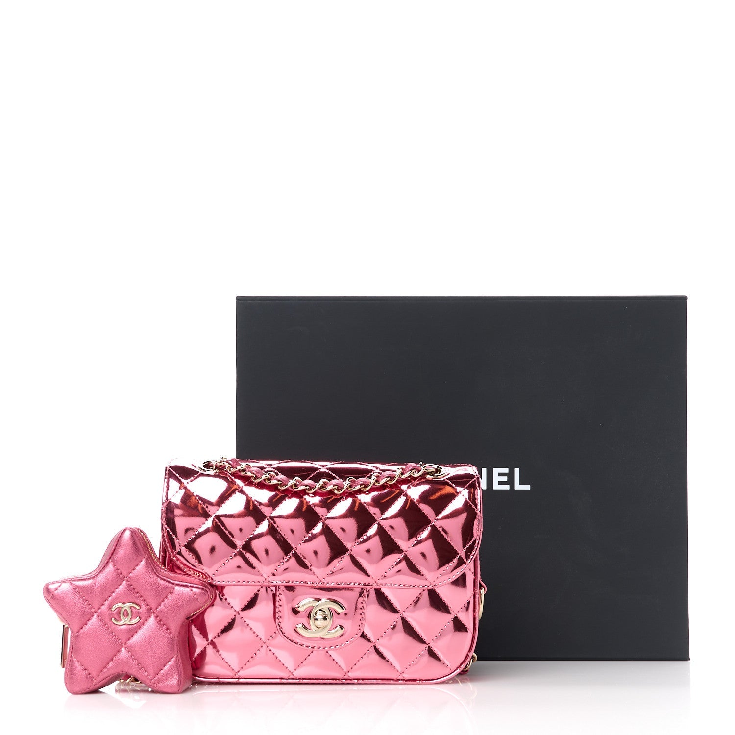 Mirror Calfskin Metallic Lambskin Quilted Hollywood Boulevard Mini Flap With Star Coin Purse Pink