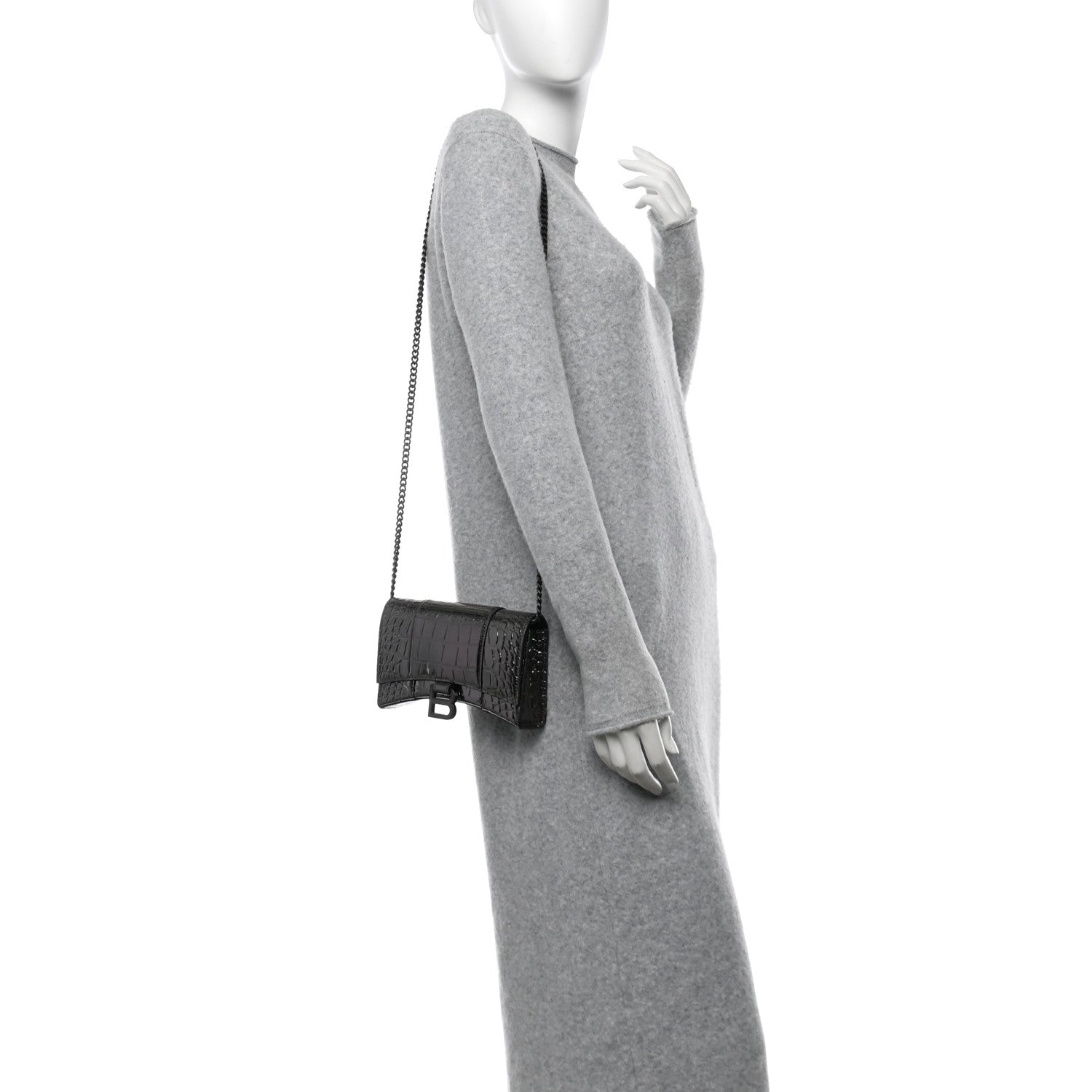 Shiny Metallic Calfskin Crocodile Embossed Hourglass Chain Bag Gunmetal