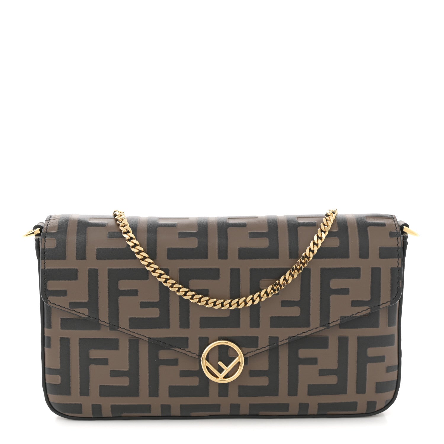 Vitello Soft F is Fendi Bi-Color FF 1974 Embossed Envelope Wallet On Chain with Pouches Maya Black