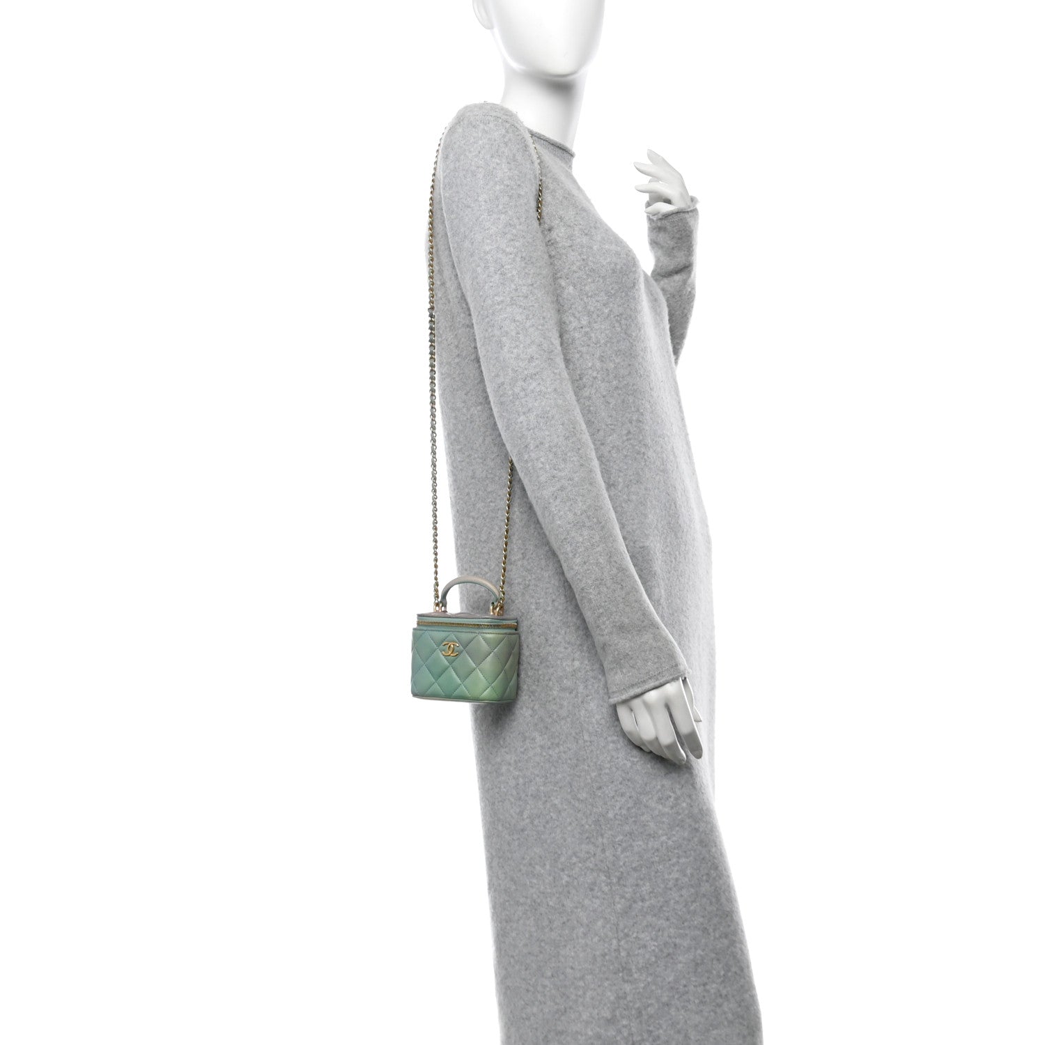 Lambskin Quilted Ombre Top Handle Mini Vanity Case With Chain Blue Green