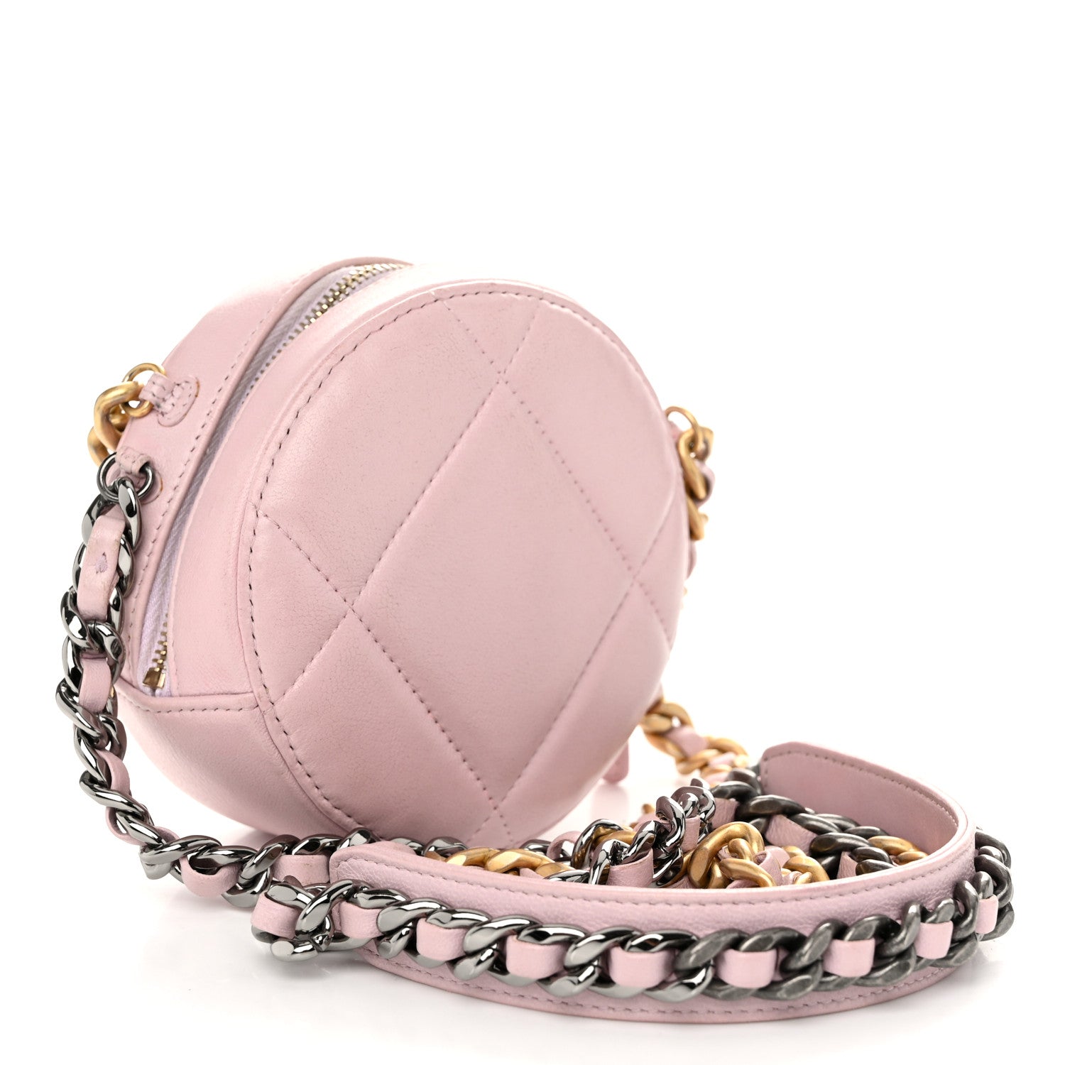 Lambskin Quilted Chanel 19 Round Clutch With Chain Pink