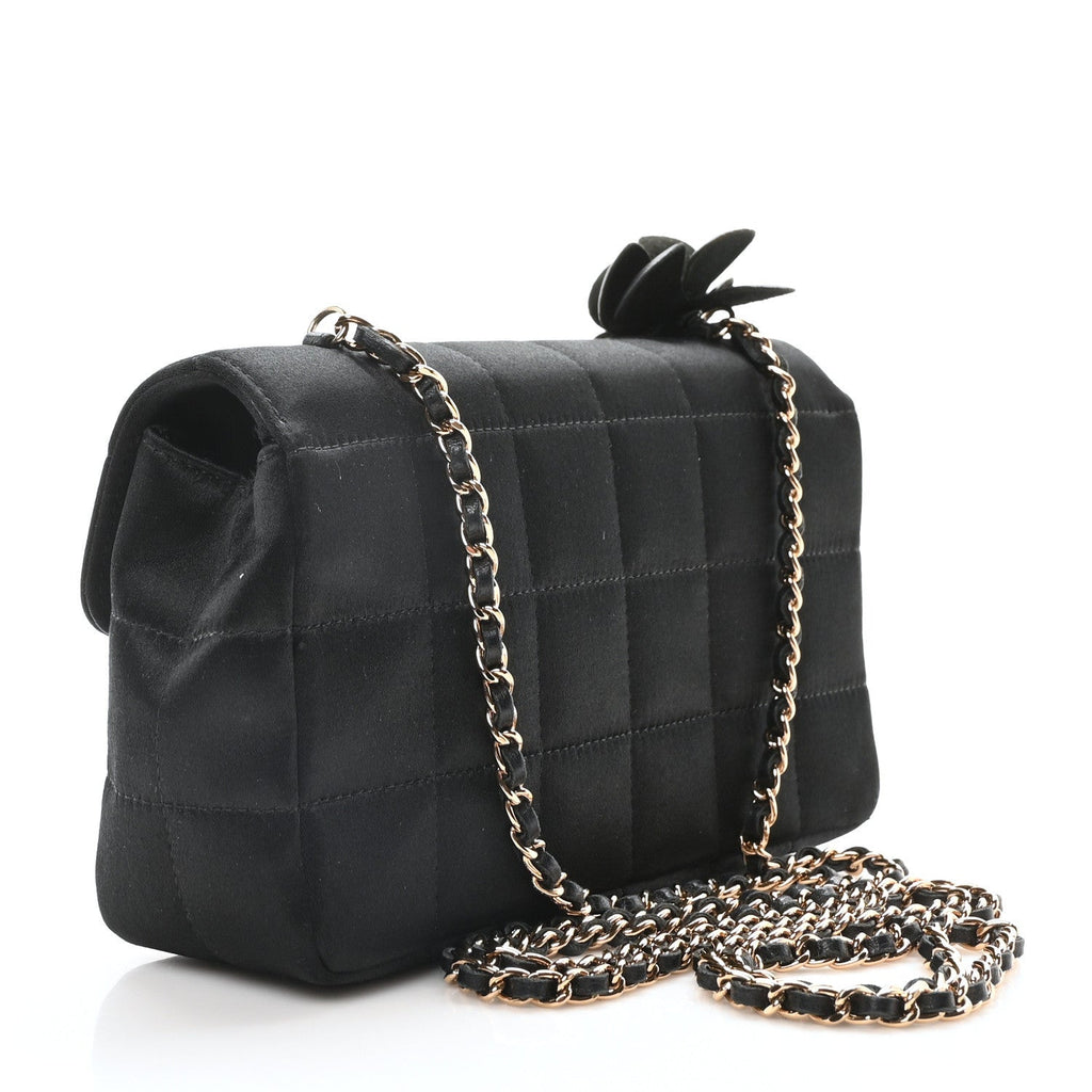 Satin Chocolate Bar Quilted Camellia Rectangular Mini Flap Black
