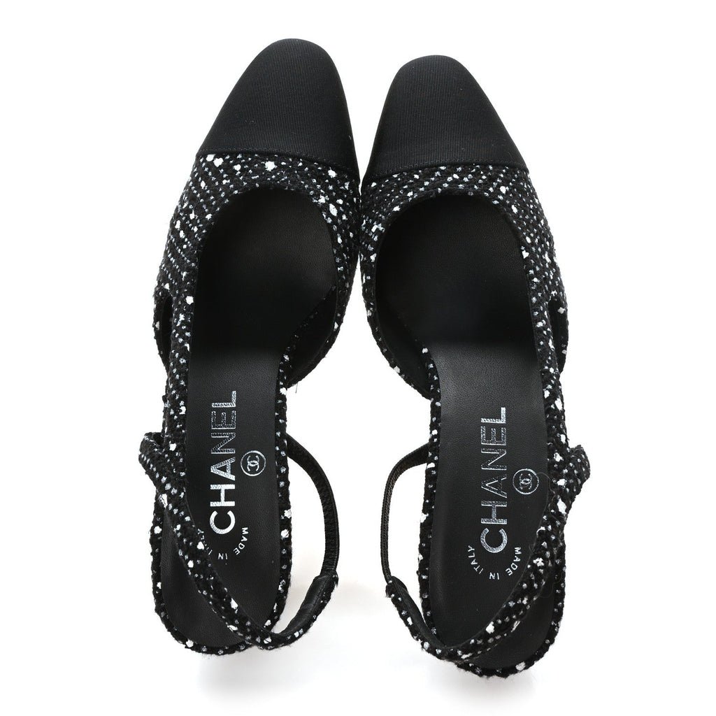 Tweed Grosgrain Cap Toe CC Slingback Pumps 37 Black White