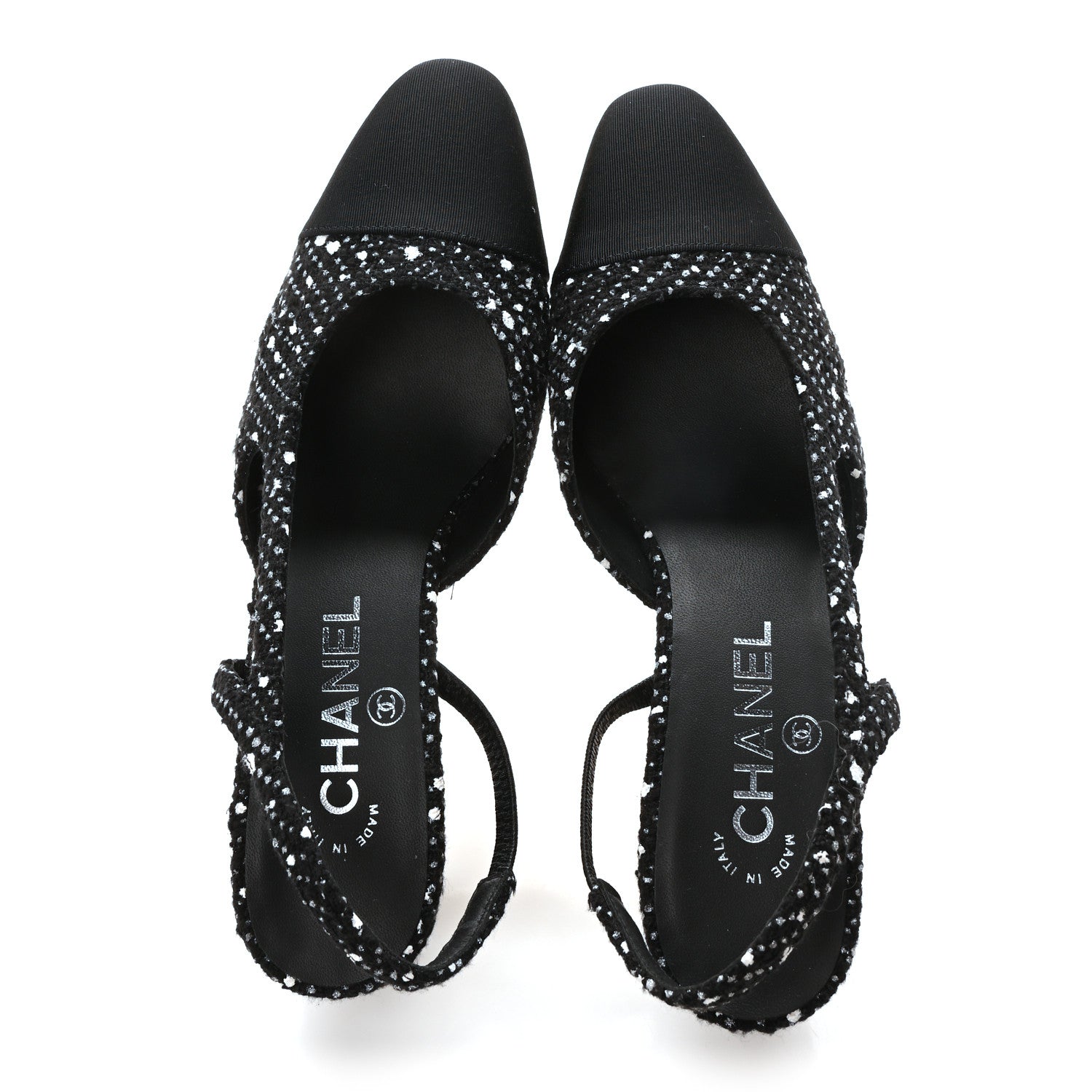 Tweed Grosgrain Cap Toe CC Slingback Pumps 37 Black White