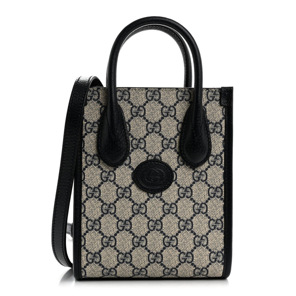 GG Supreme Monogram Textured Dollar Calfskin Mini Retro Interlocking G Tote Bag Beige Blue