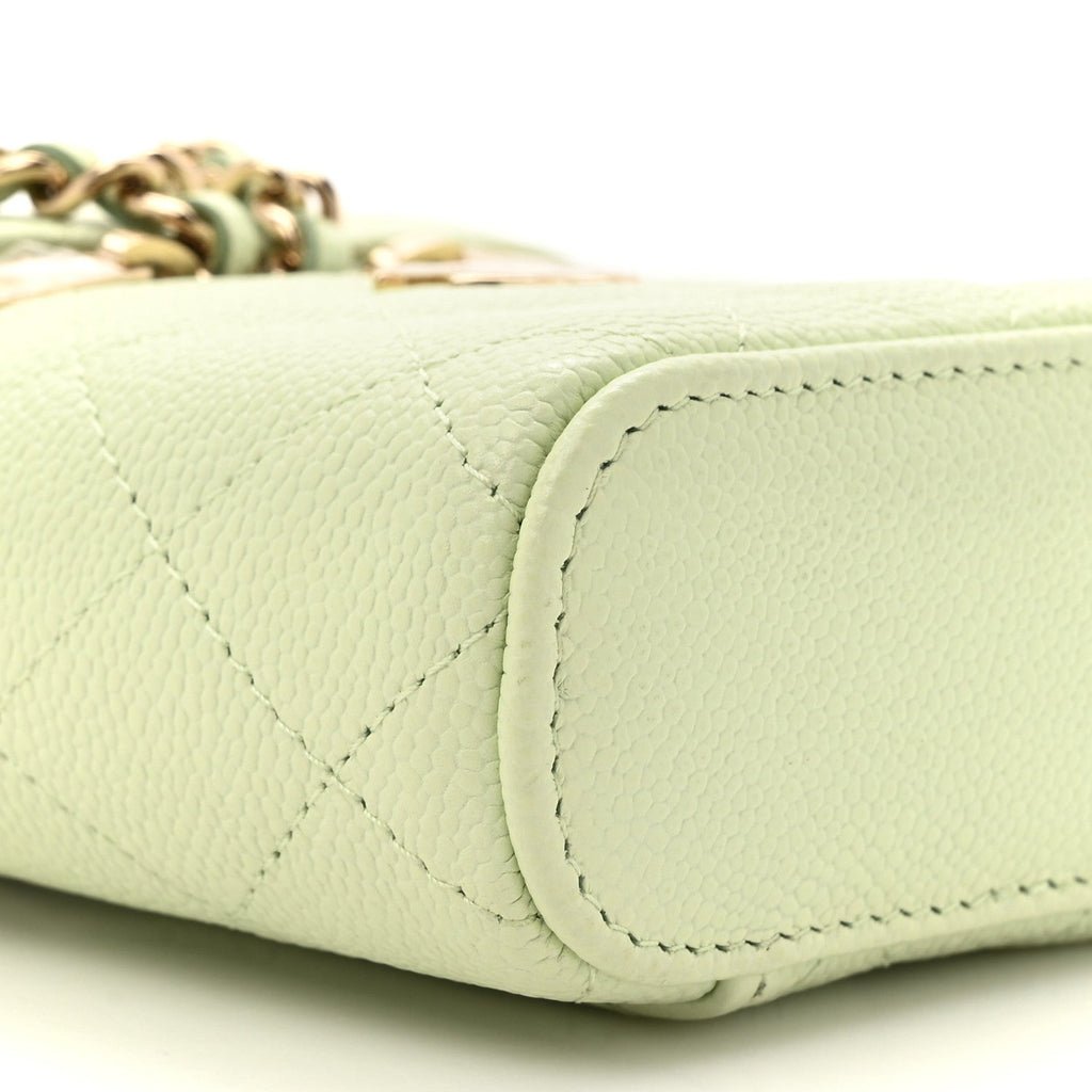 Caviar Quilted Small Handle With Care Vanity Case With Chain Light Green