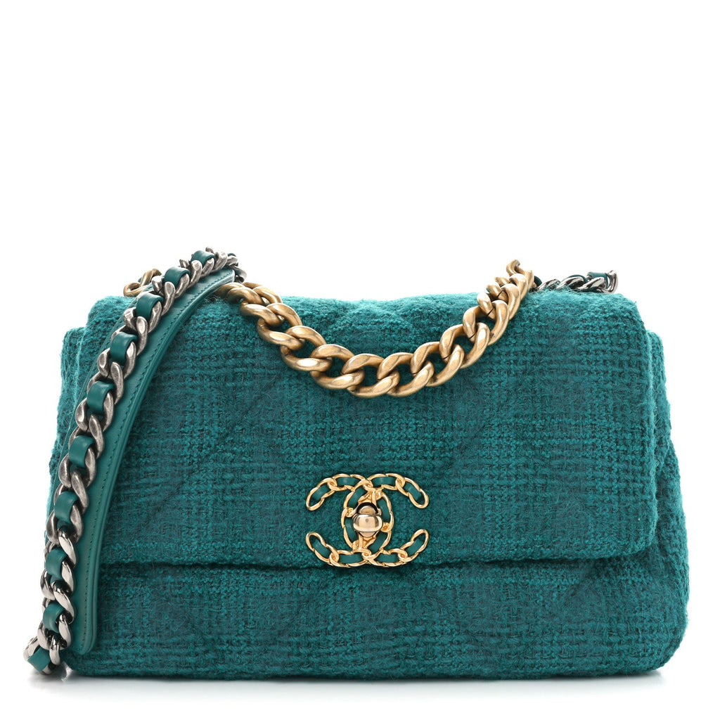 Tweed Quilted Medium Chanel 19 Flap Green