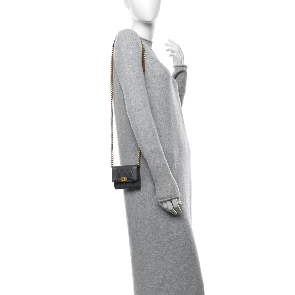Caviar Quilted Boy  Holder On Chain Grey