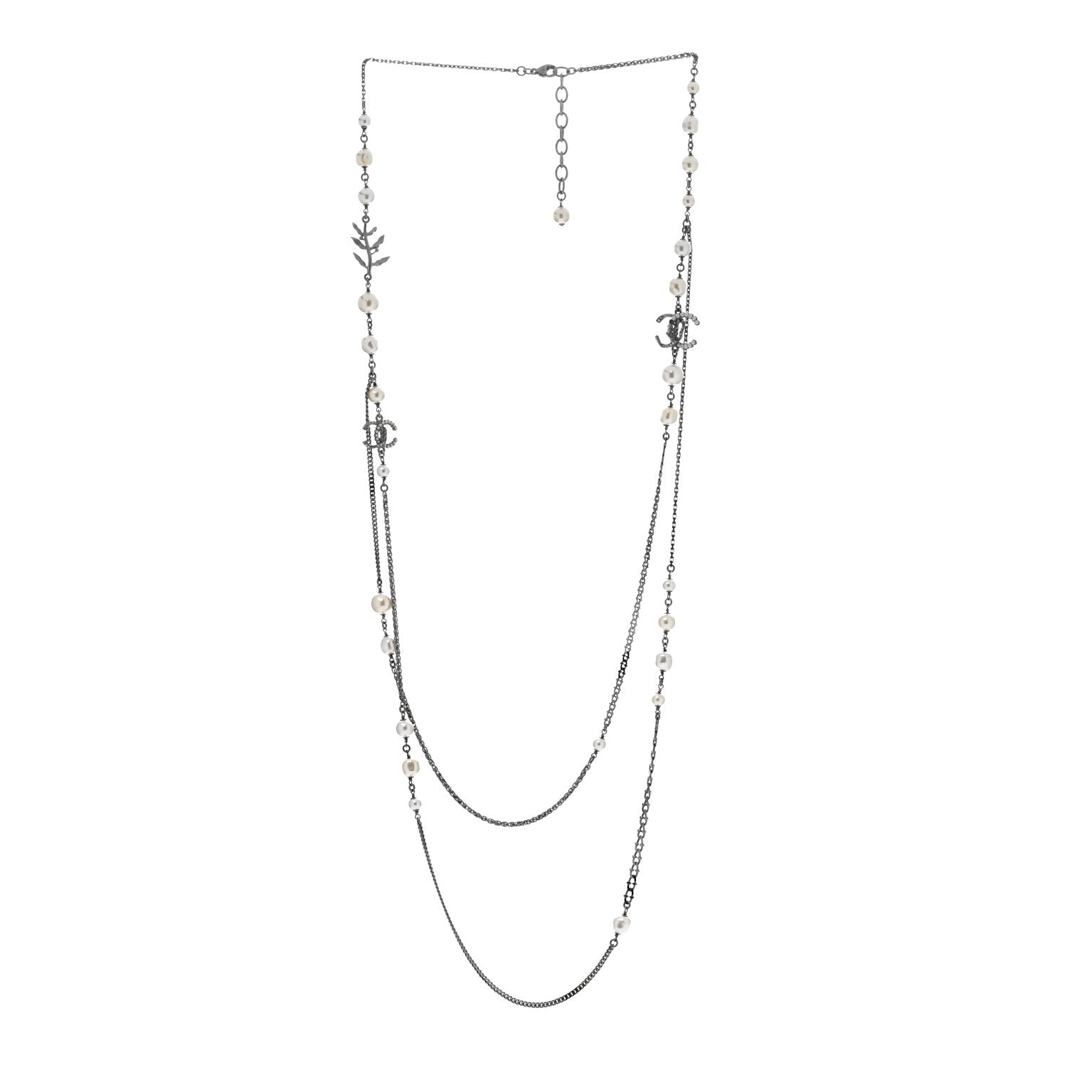 Pearl Crystal CC Leaf Long Necklace Silver