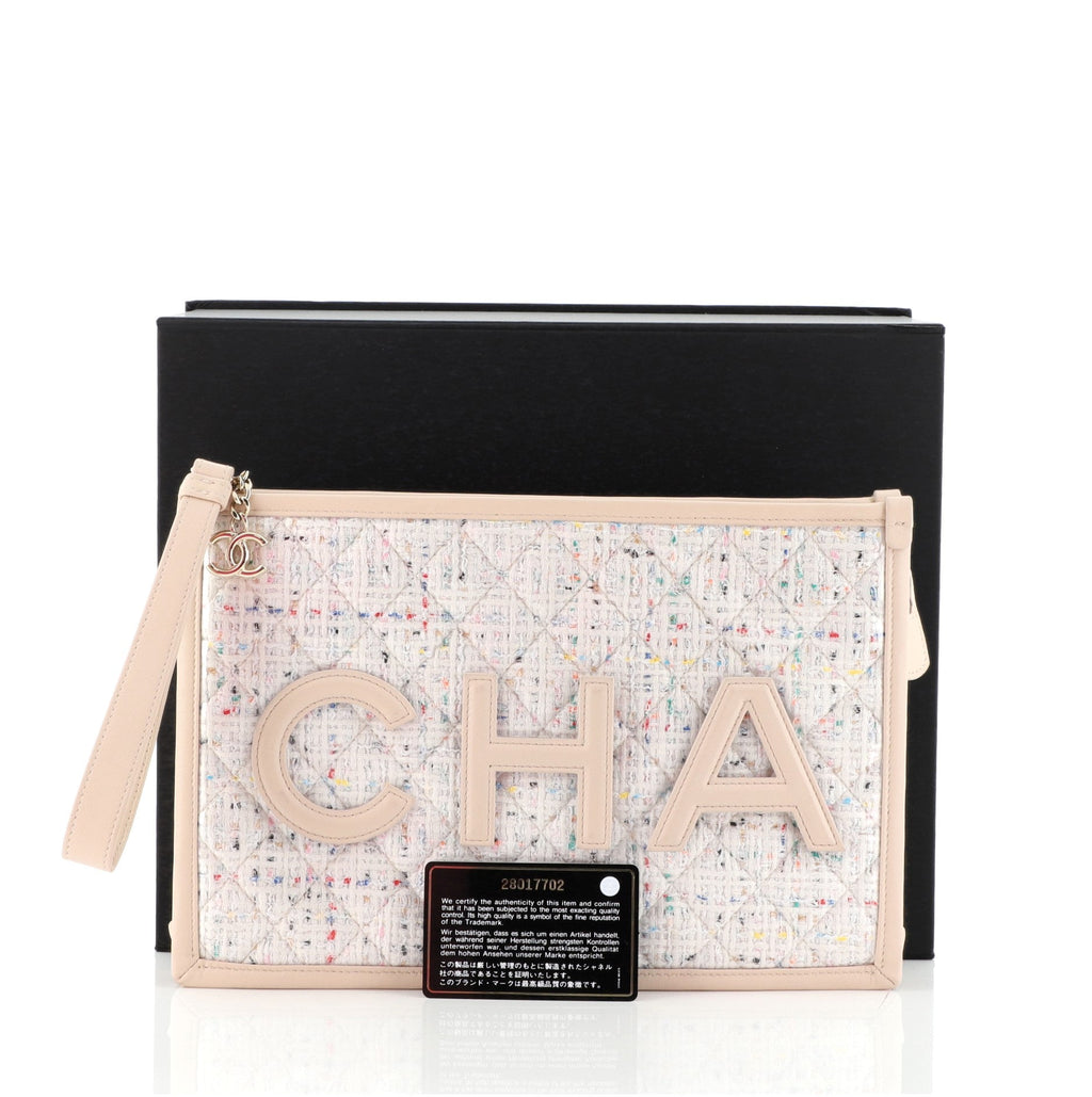 Logo Wristlet Clutch PVC Over Quilted Tweed Large