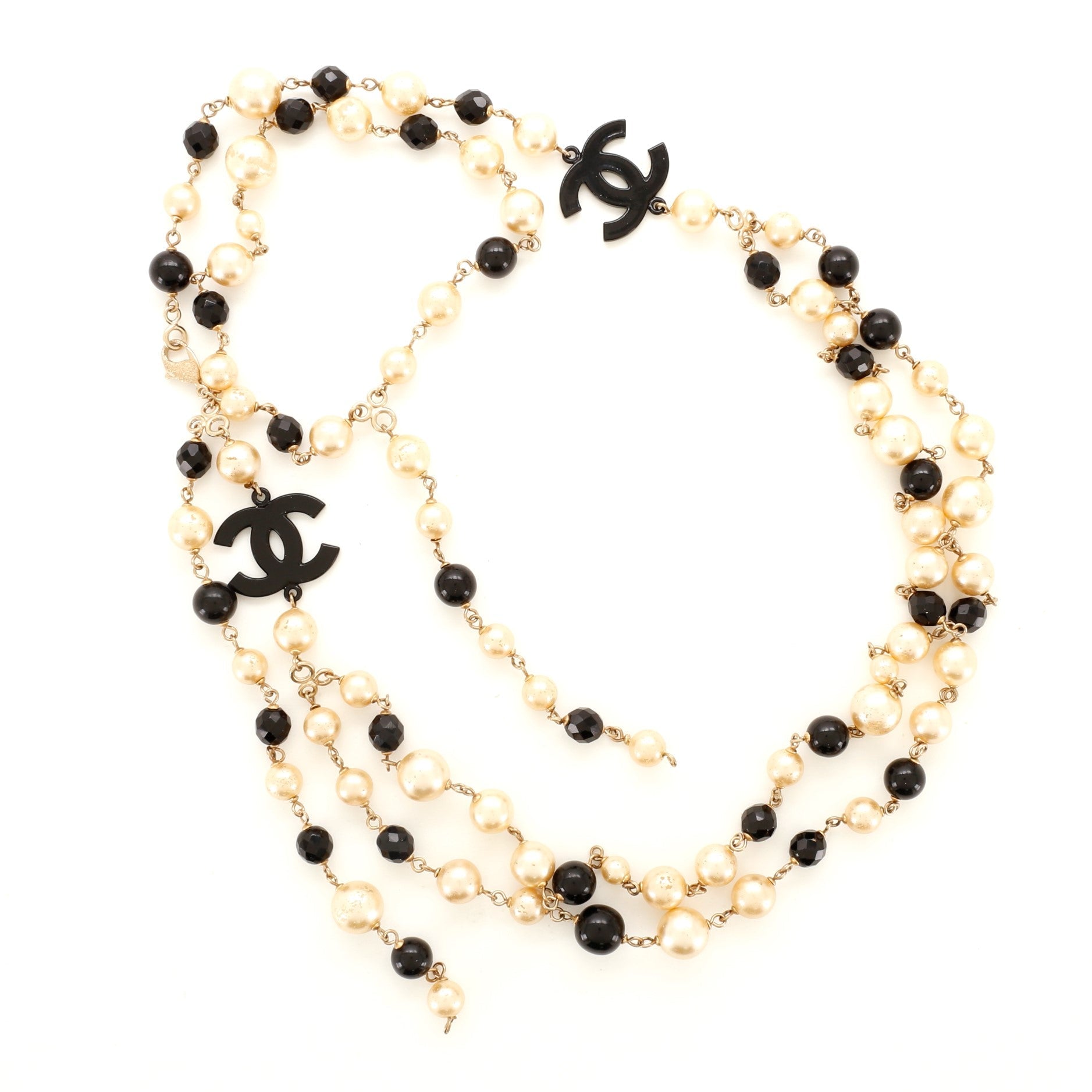 CC Long Necklace Faux Pearls, Beads and Metal with Enamel