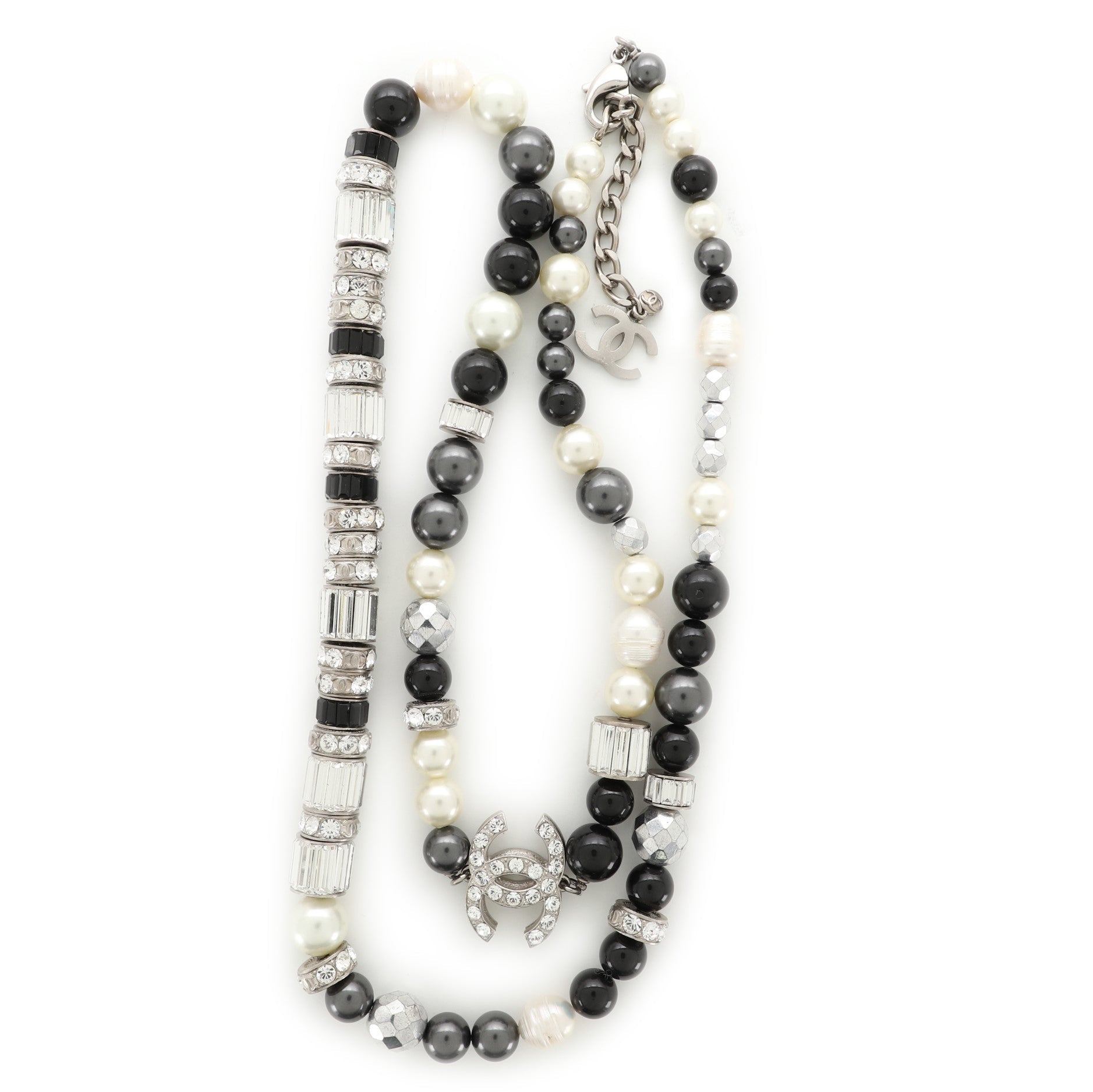 CC Long Necklace Crystal Embellished Metal and Faux Pearls with Beads