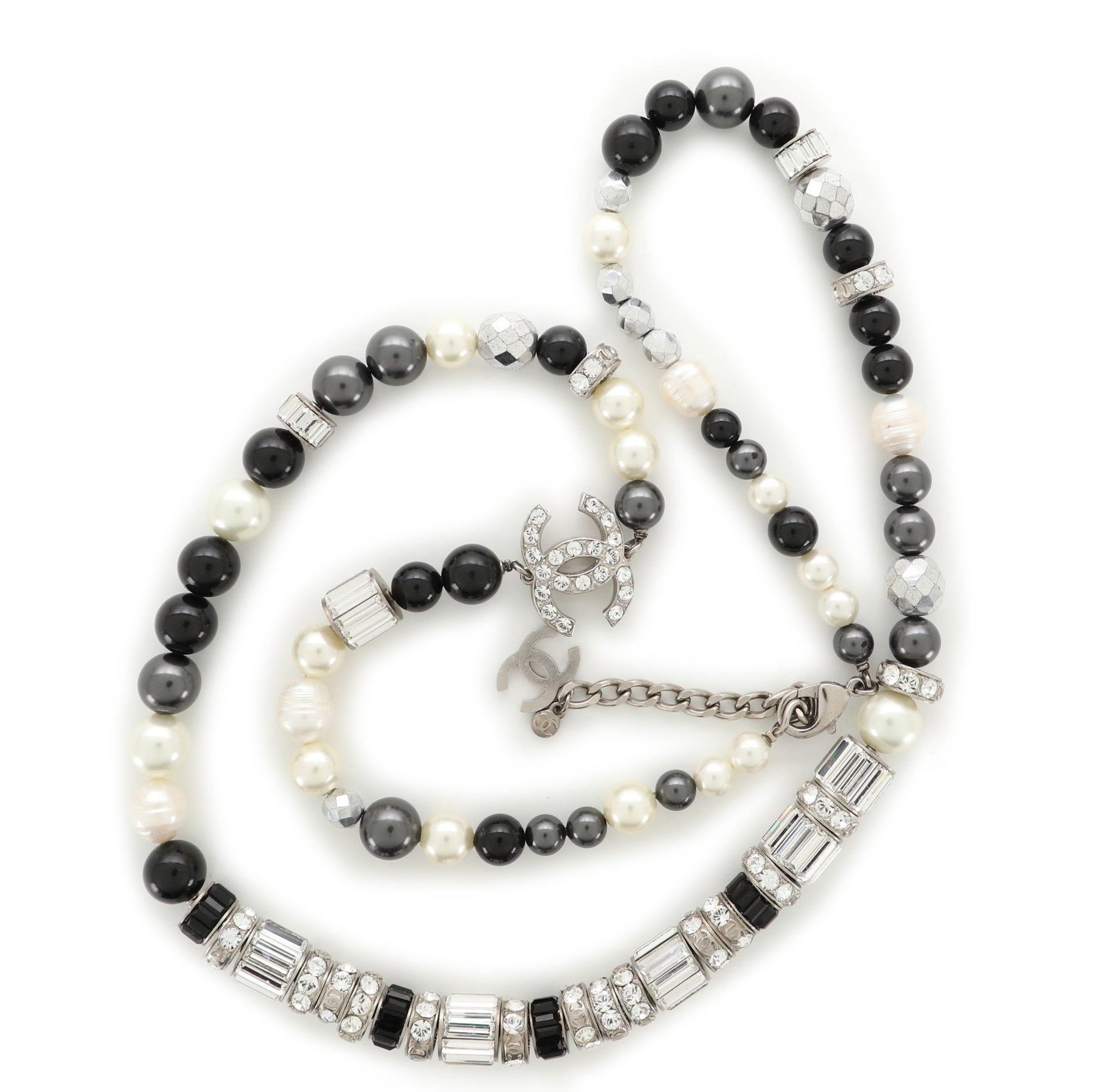 CC Long Necklace Crystal Embellished Metal and Faux Pearls with Beads