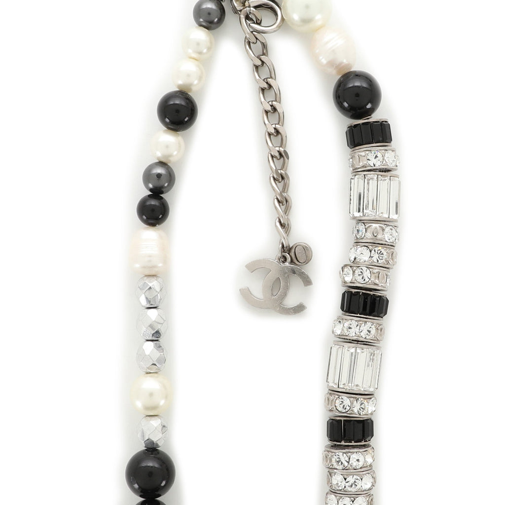 CC Long Necklace Crystal Embellished Metal and Faux Pearls with Beads