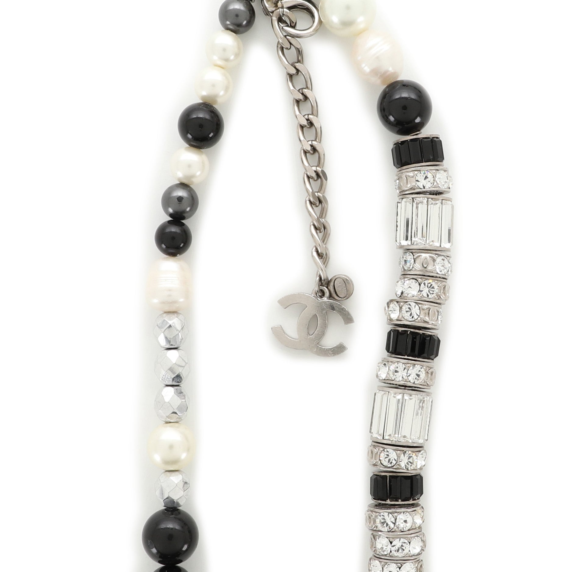 CC Long Necklace Crystal Embellished Metal and Faux Pearls with Beads