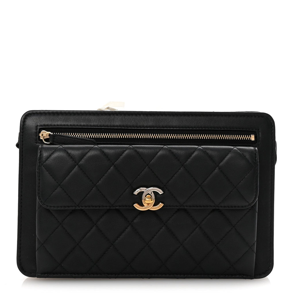 Lambskin Quilted Wristlet Clutch Black