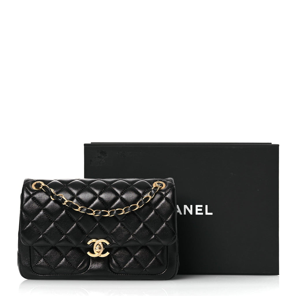 Shiny Lambskin Quilted Small Daily Friend Flap Black
