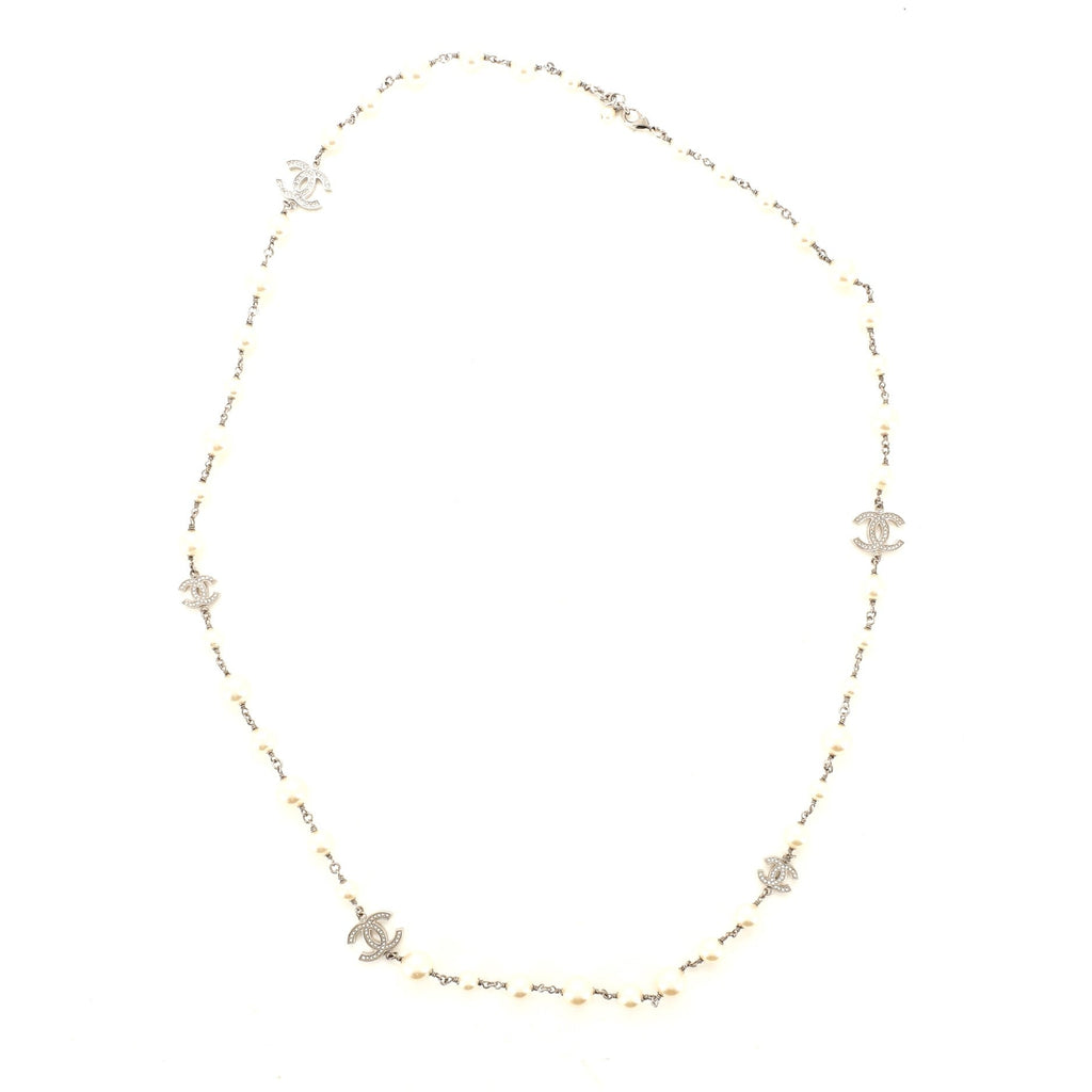 CC Long Necklace Faux Pearls and Crystal Embellished Metal