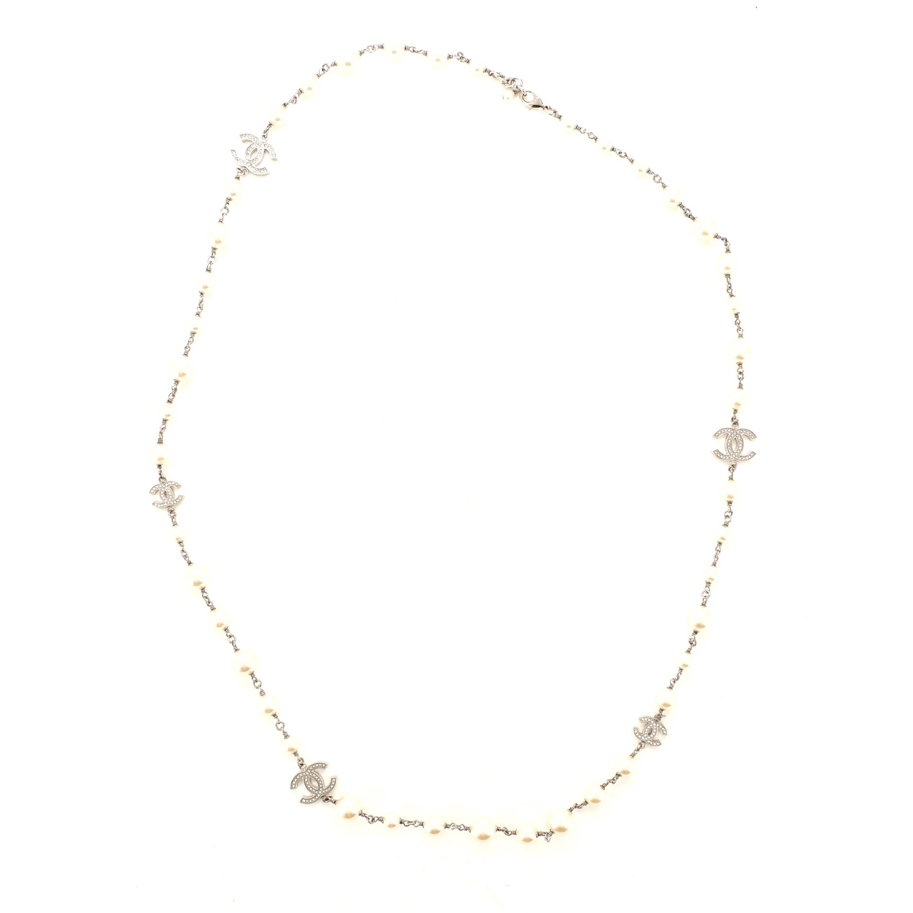 CC Long Necklace Faux Pearls and Crystal Embellished Metal