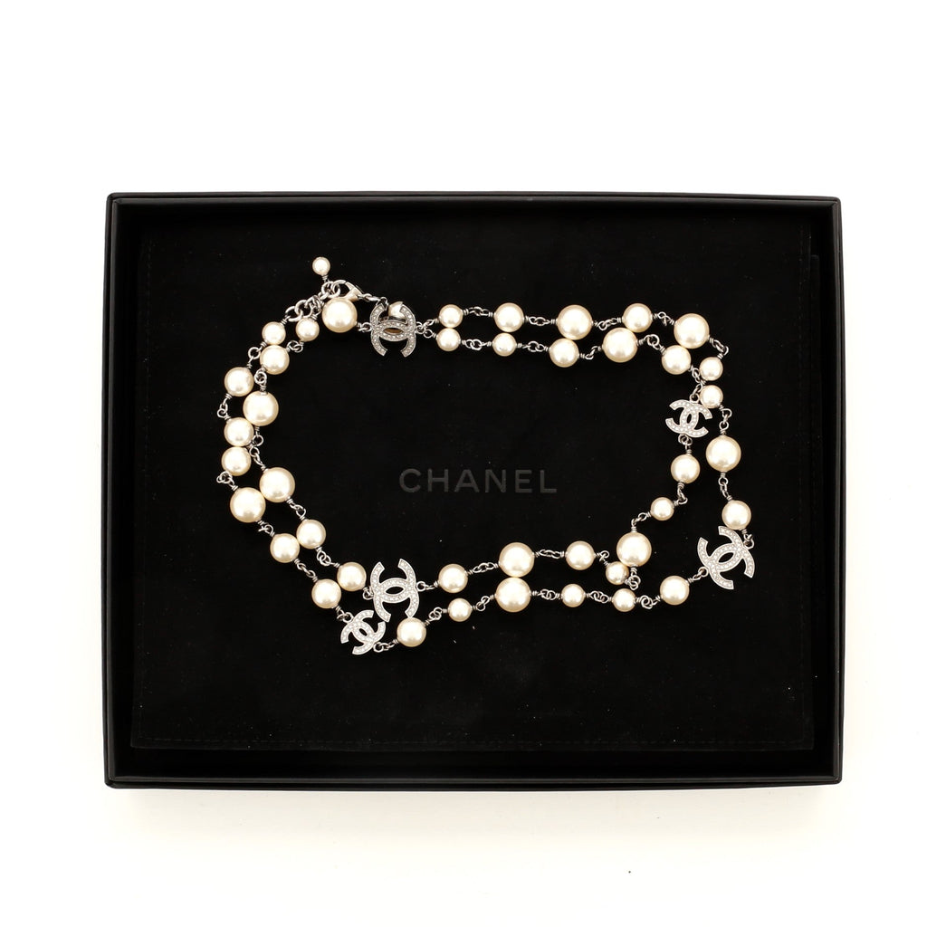 CC Long Necklace Faux Pearls and Crystal Embellished Metal