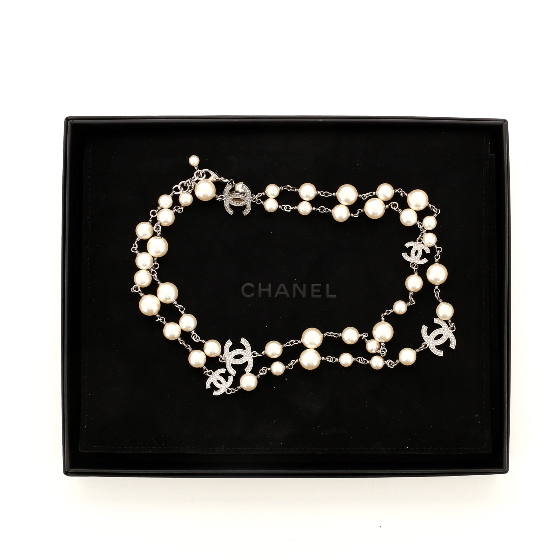 CC Long Necklace Faux Pearls and Crystal Embellished Metal