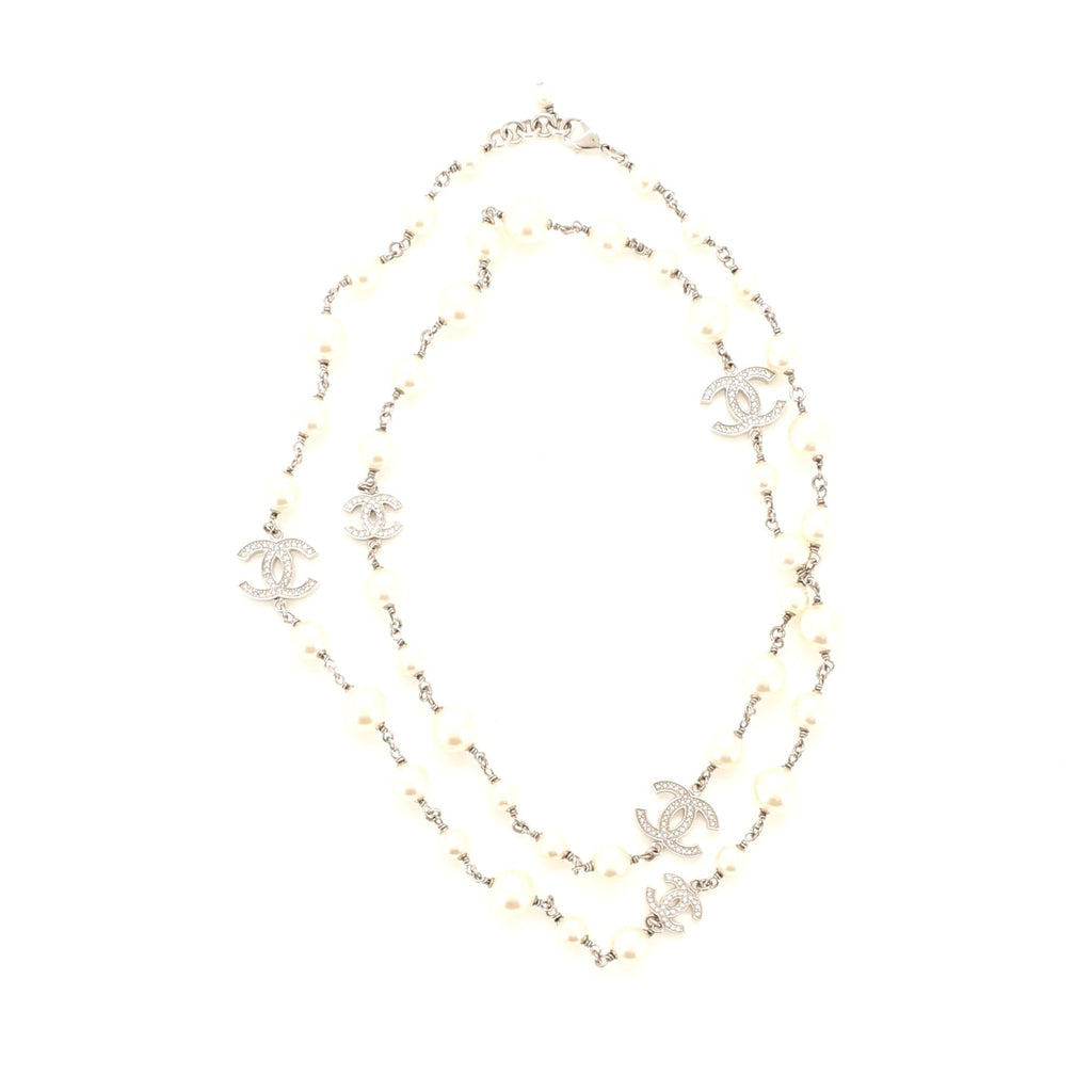 CC Long Necklace Faux Pearls and Crystal Embellished Metal