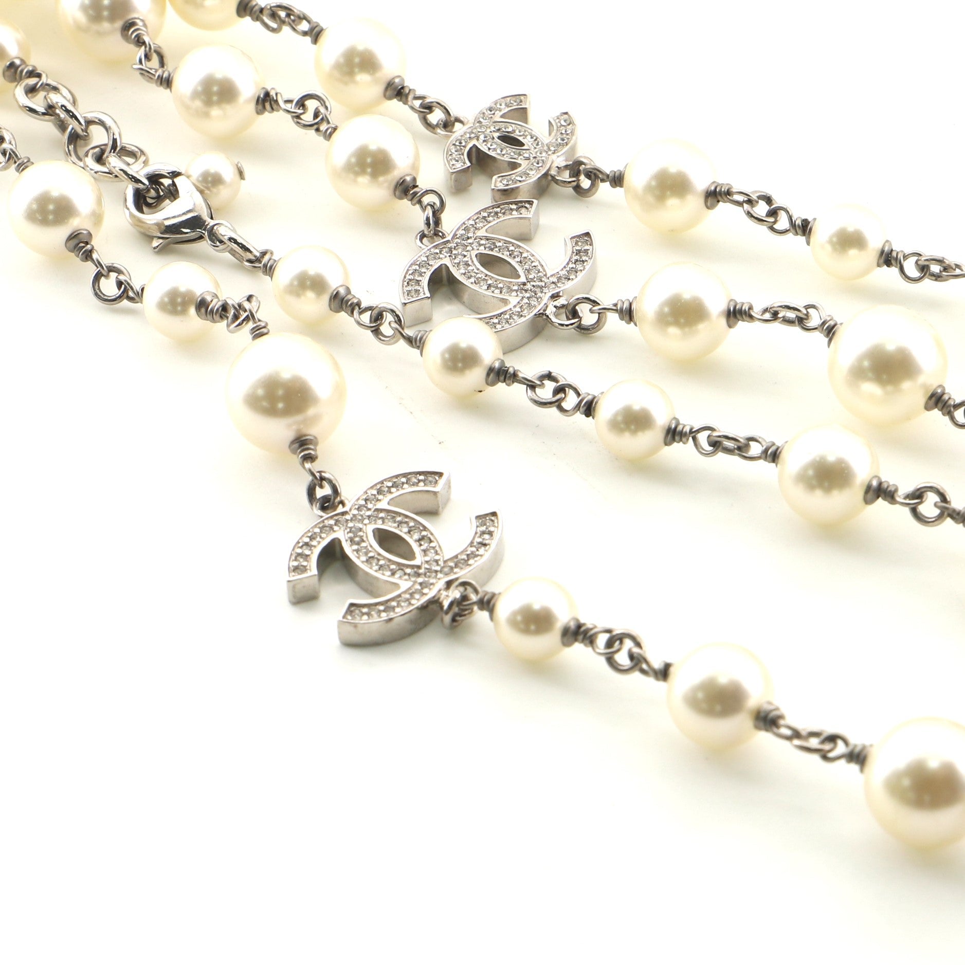 CC Long Necklace Faux Pearls and Crystal Embellished Metal