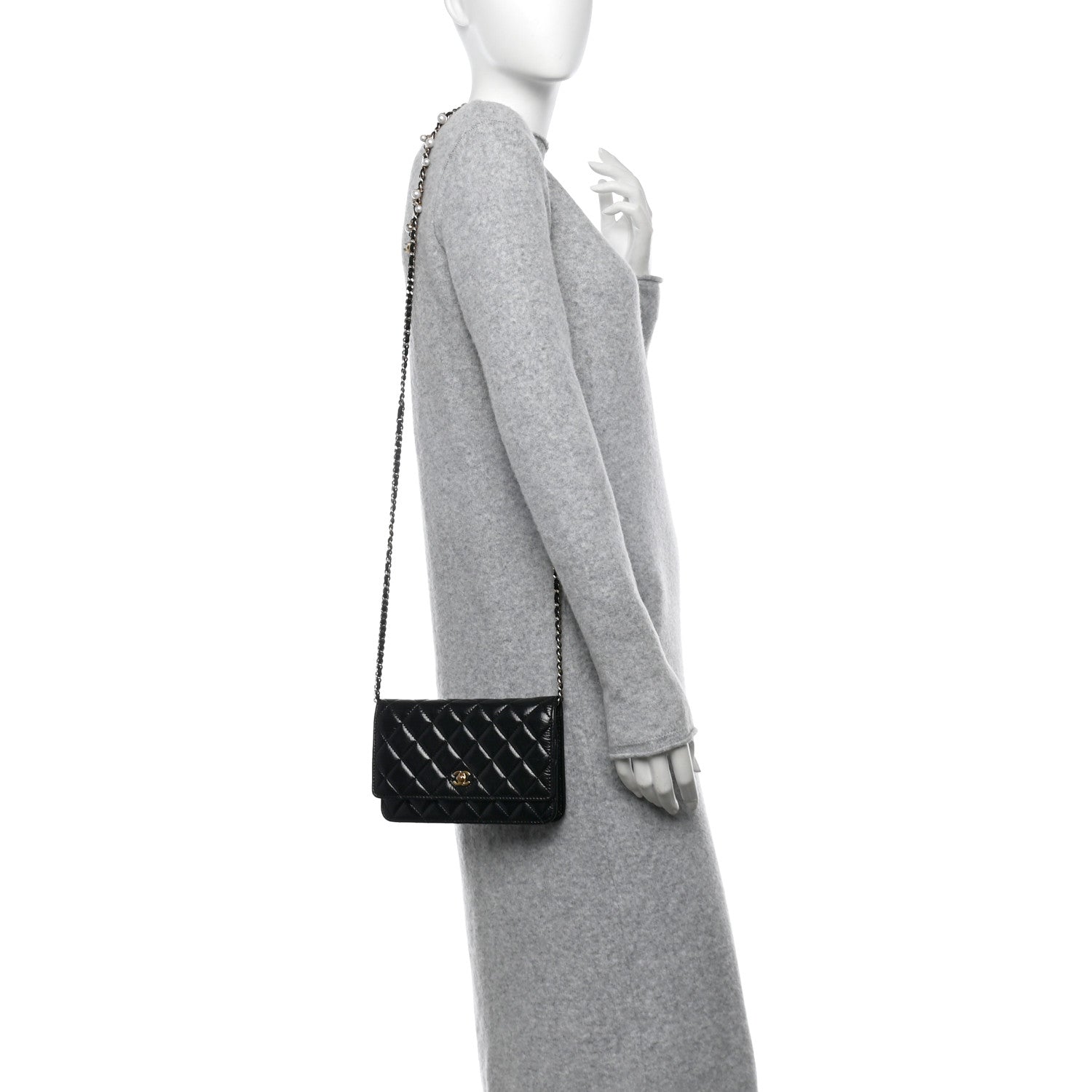 Shiny Calfskin Quilted Pearl Charms Wallet On Chain WOC Black