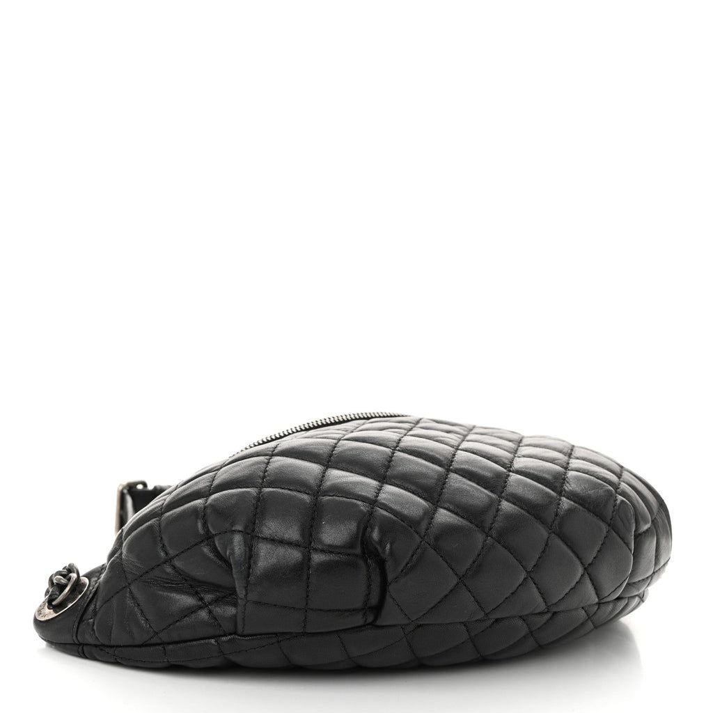 Lambskin Quilted Banane Waist Bag Fanny Pack Black