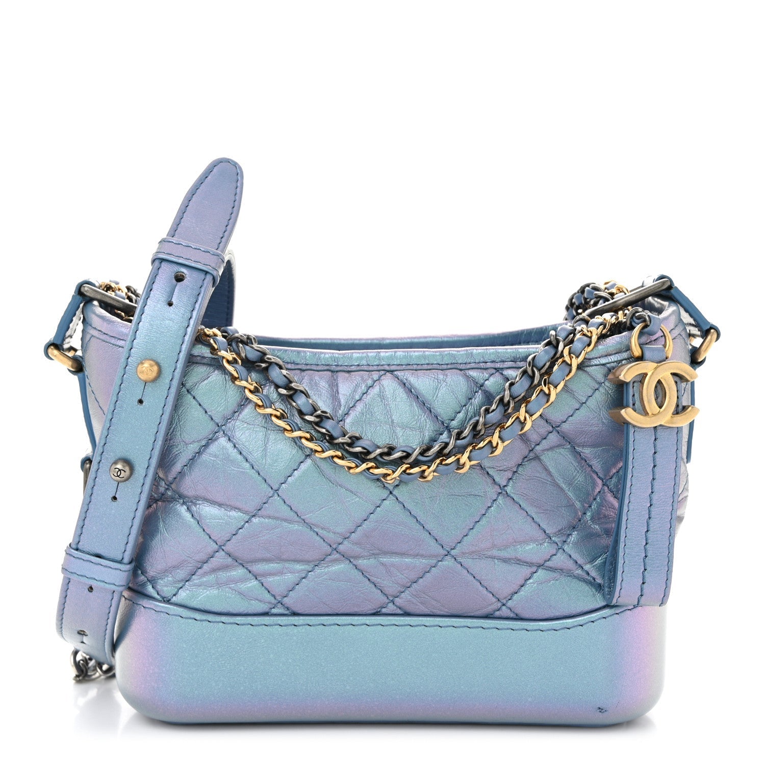 Iridescent Aged Calfskin Quilted Small Gabrielle Hobo Blue