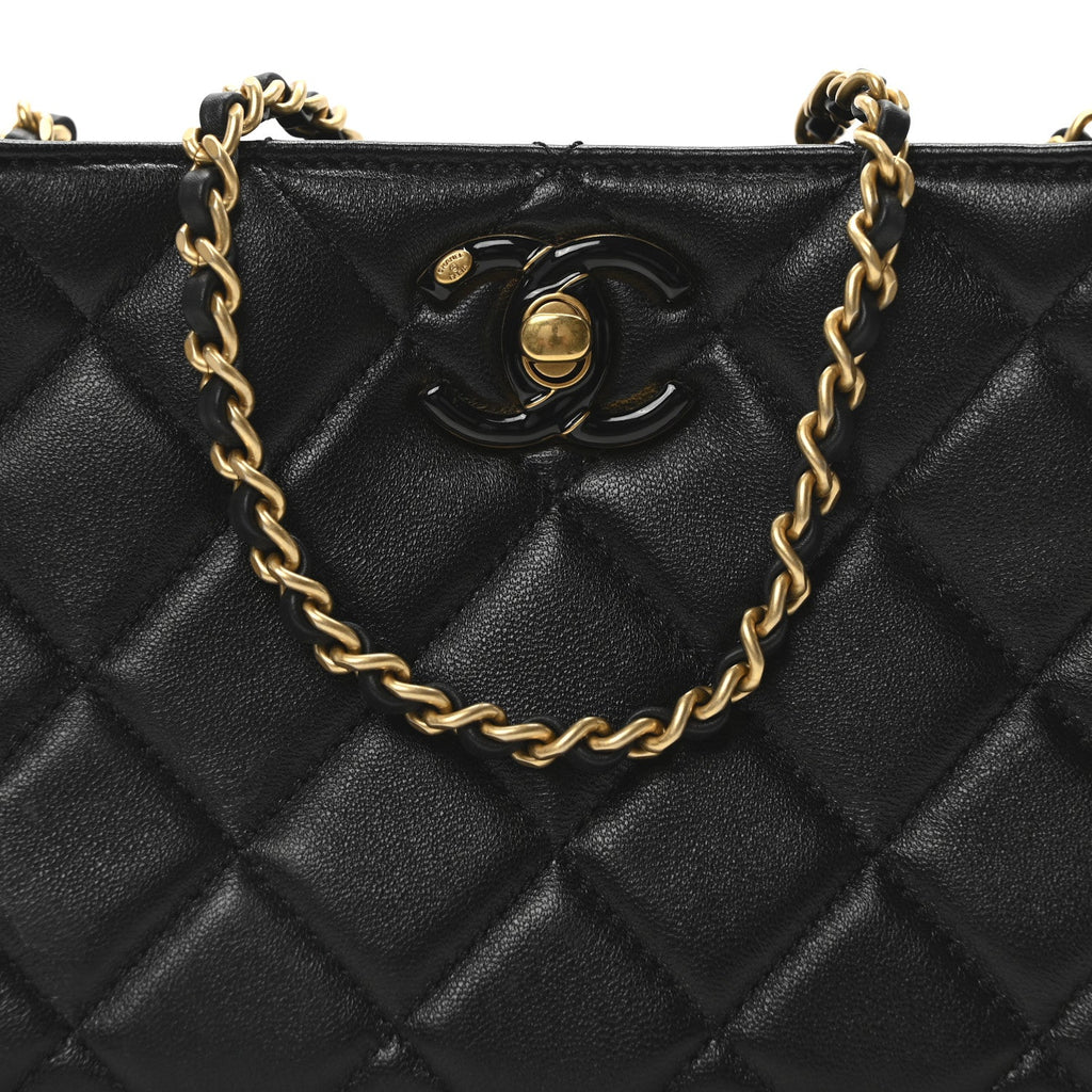 Lambskin Quilted Enamel Mini Shopping Bag Black