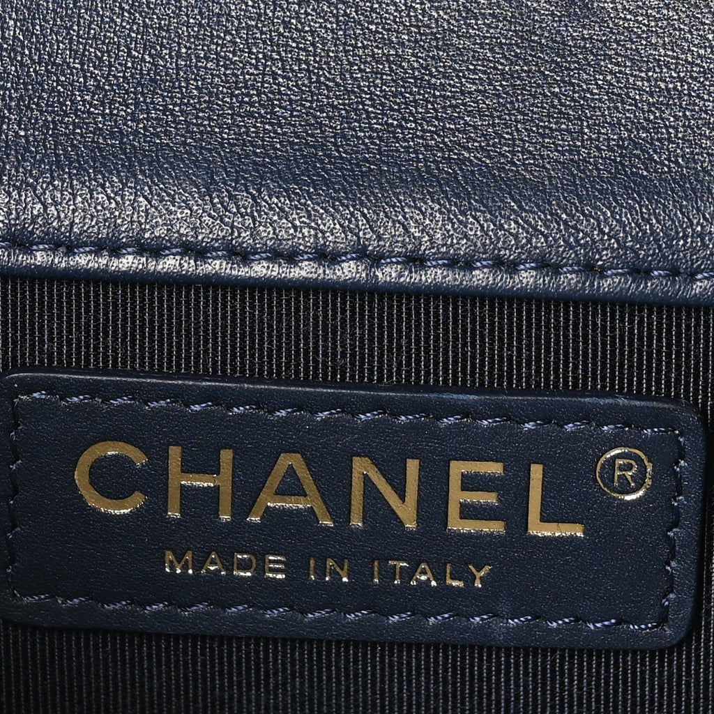 Metallic Lambskin Striped North South Boy Flap Navy Gold