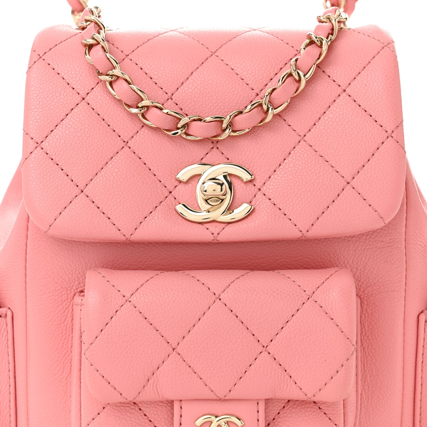 Shiny Caviar Quilted Small Pockets Drawstring Backpack Pink