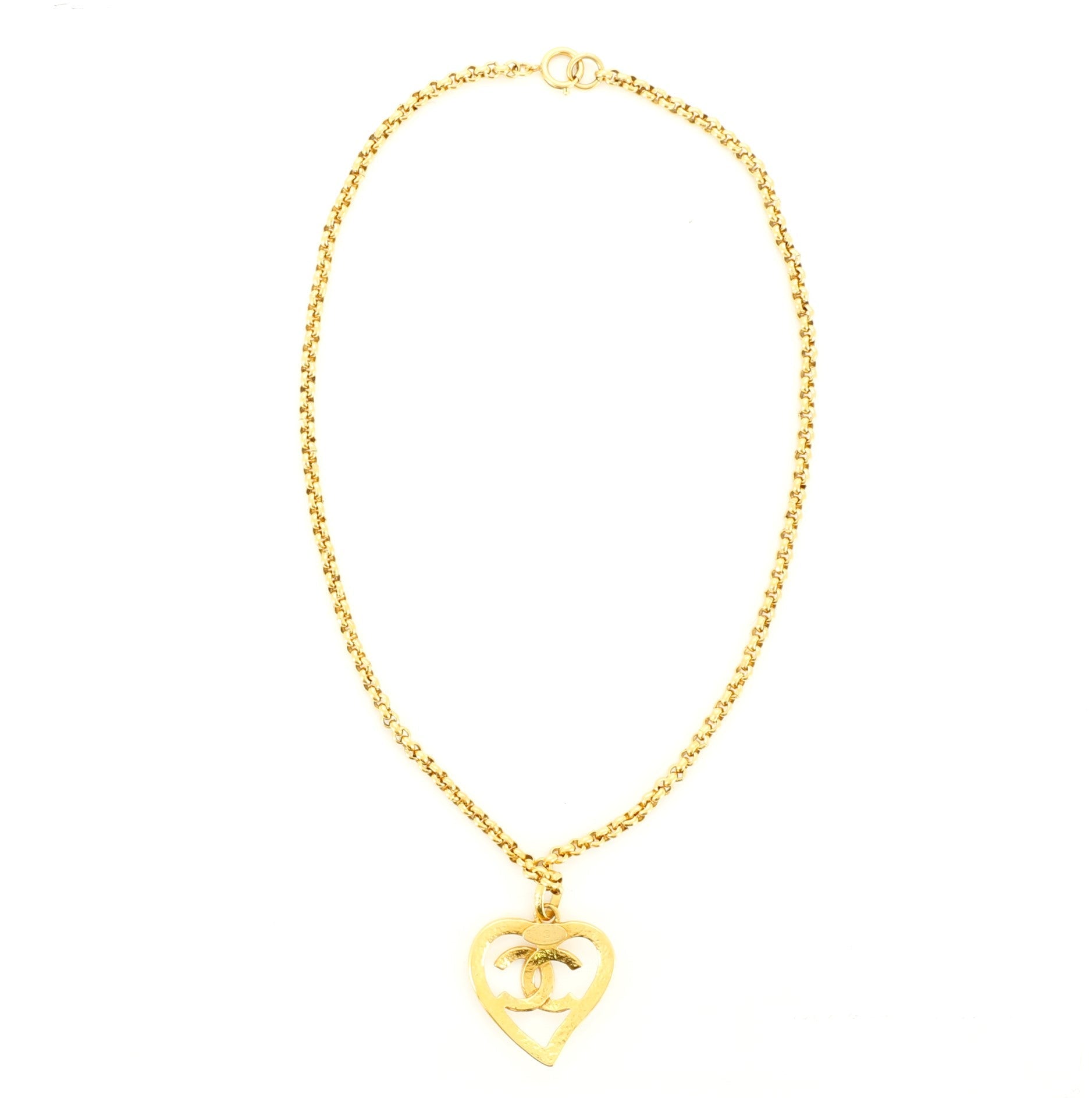 Vintage CC Heart Pendant Long Necklace Metal