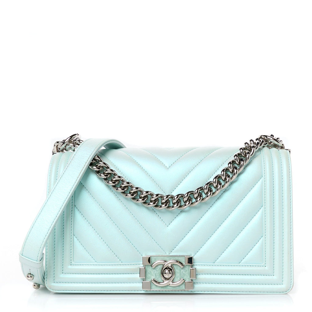 Iridescent Lambskin Chevron Quilted Medium Boy Flap Turquoise