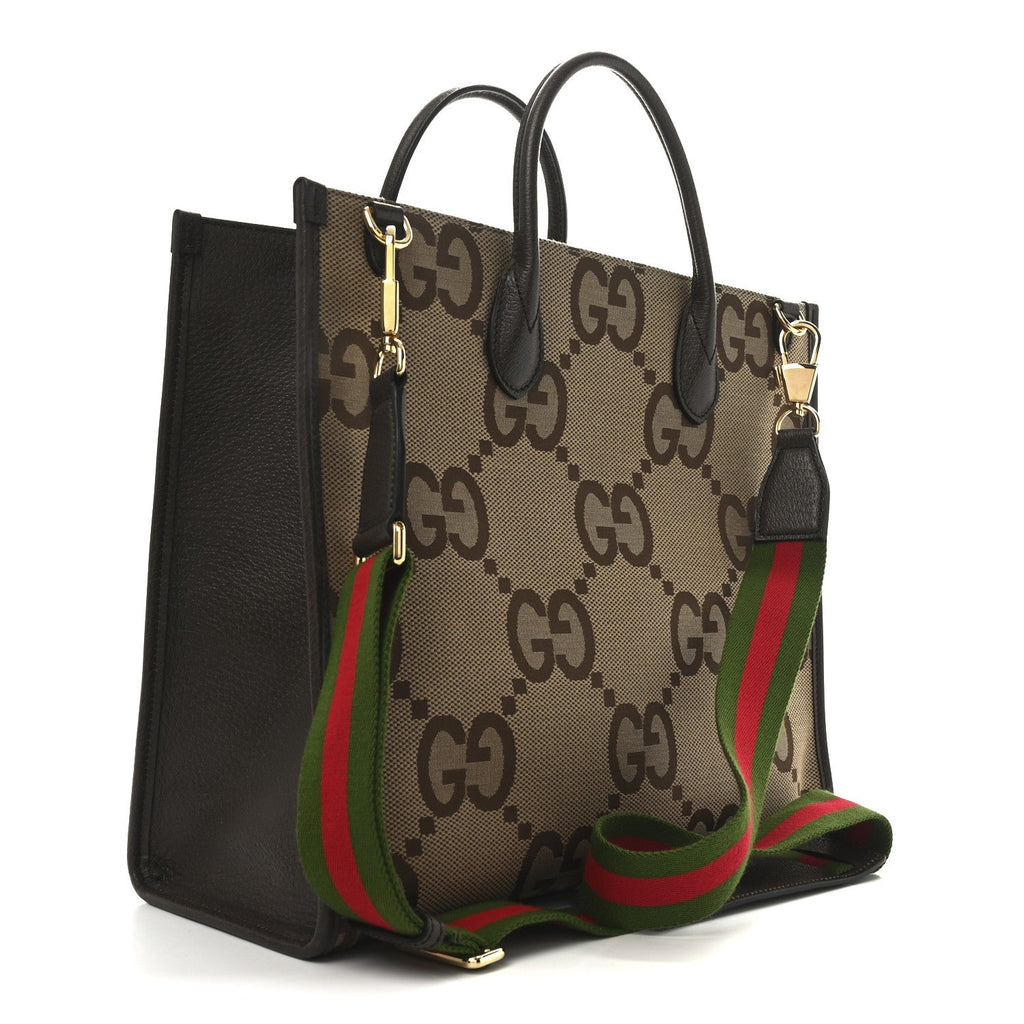 Monogram Jumbo GG Textured Dollar Calfskin Web Tote Bag Camel Ebony New Acero