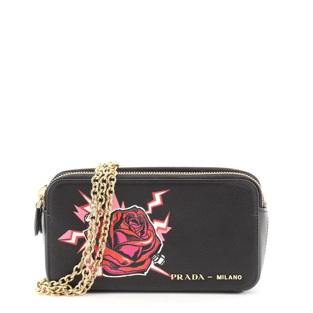 Double Zip Wallet on Chain Crossbody Printed Saffiano Leather Mini