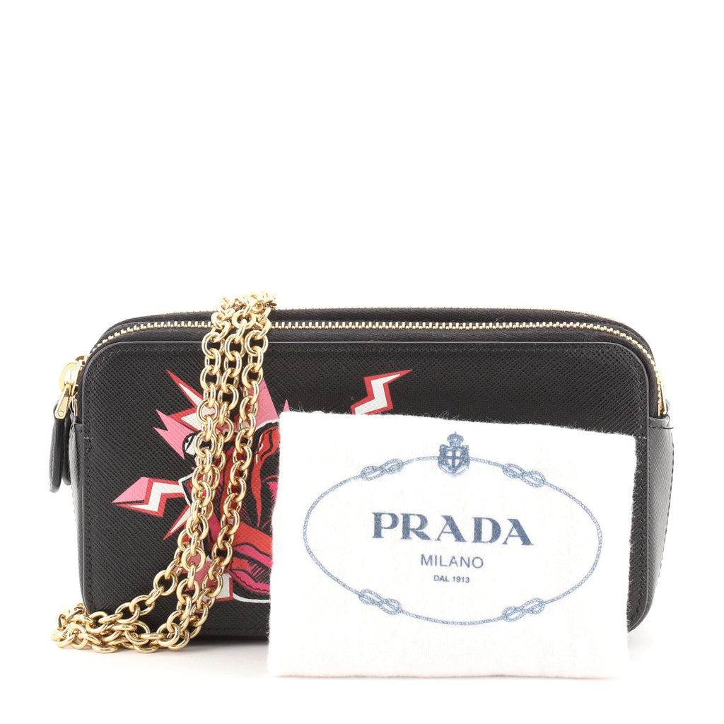 Double Zip Wallet on Chain Crossbody Printed Saffiano Leather Mini