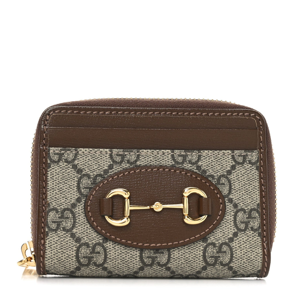 GG Supreme Monogram Azalea Calfskin Horsebit 1955 Zip Around ID  Case Wallet Beige Ebony Brown Sugar