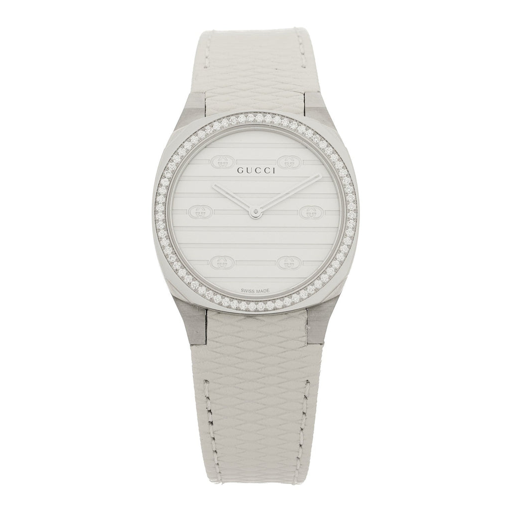 Stainless Steel Calfskin Diamond Bezel 30mm 25H Quartz Watch White